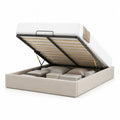 Lit coffre relevable 160 x 200 cm cadre de lit tissu beige structure métal et bois sommier à lattes