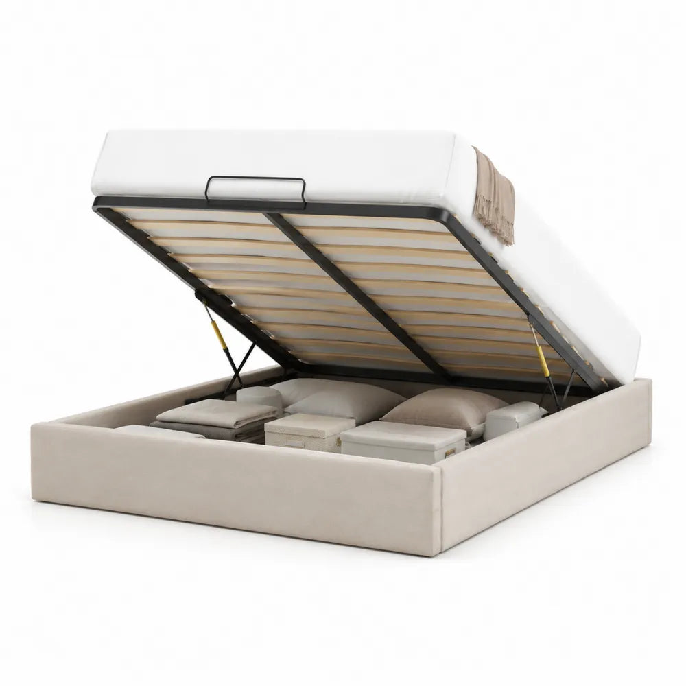 Lit coffre relevable 160 x 200 cm cadre de lit tissu beige structure métal et bois sommier à lattes