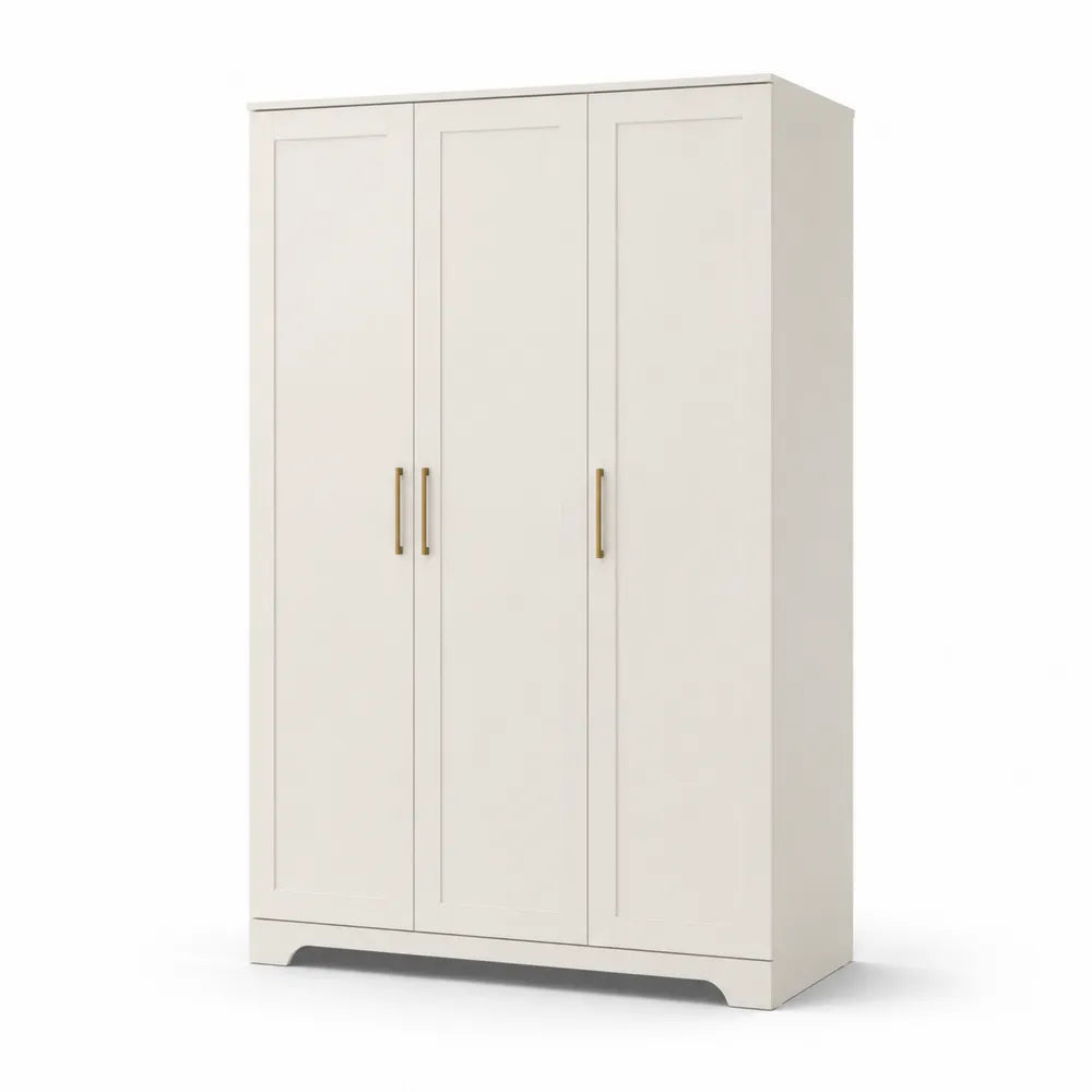 armoire 120 x 50 x 180 cm MDF mélaminé blanc cassé 3 portes battantes poignées dorées forme rectangulaire