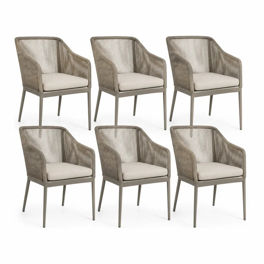 Chaises de jardin lot de 6 56 cm x 60 cm x 80 cm corde tressée beige structure aluminium avec coussins