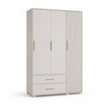 Armoire chambre 120 cm largeur 55 cm profondeur 200 cm hauteur trois portes deux tiroirs mélaminé beige blanc poignées aluminium doré pieds ABS façade rainurée