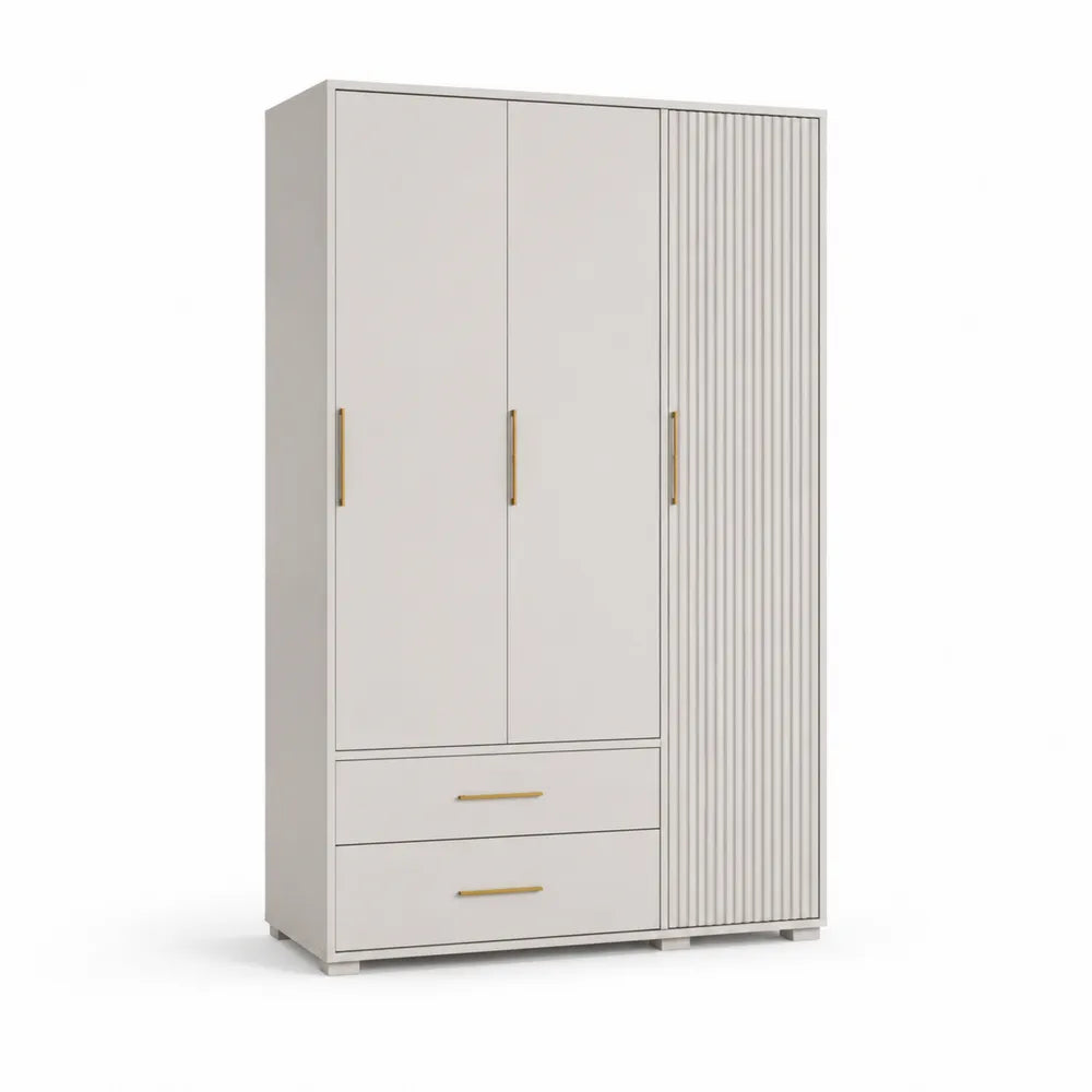 Armoire chambre 120 cm largeur 55 cm profondeur 200 cm hauteur trois portes deux tiroirs mélaminé beige blanc poignées aluminium doré pieds ABS façade rainurée