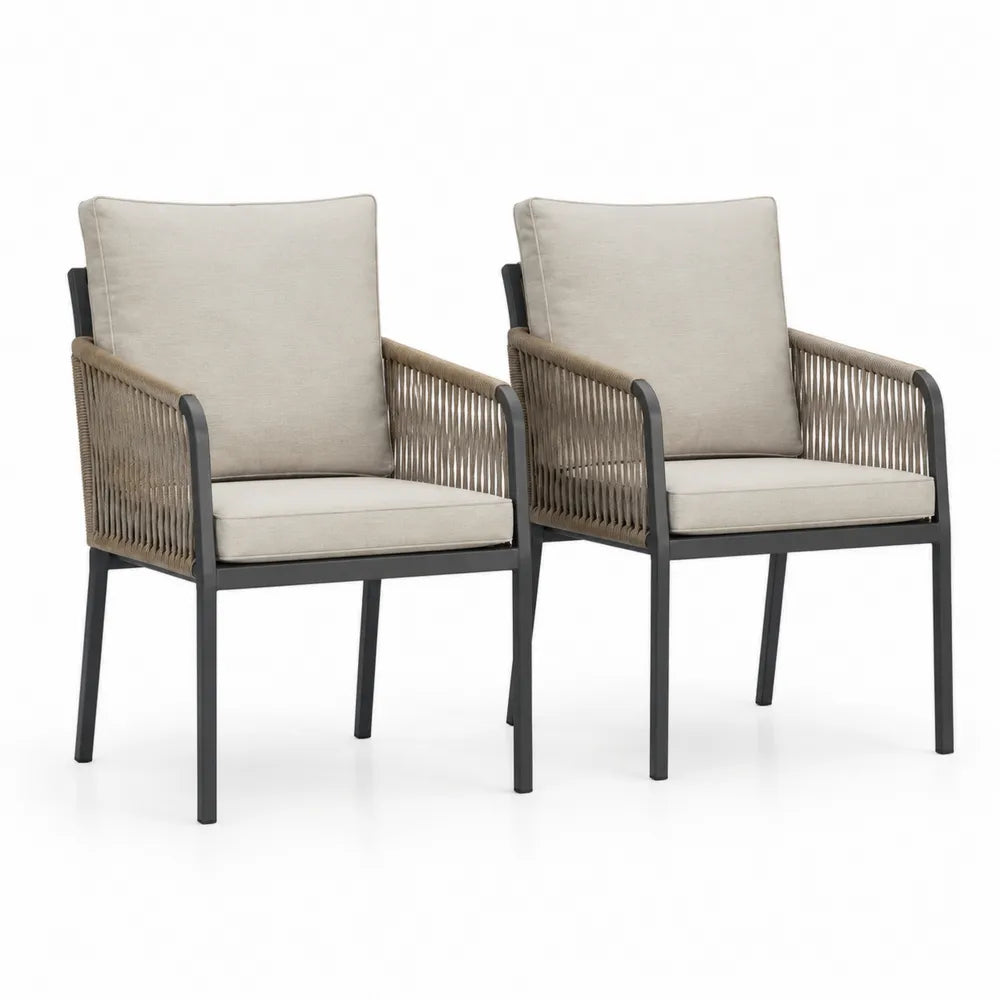 Lot de 2 chaises de jardin avec accoudoirs en acier noir corde tressée beige et coussins d’assise beige 58 x 62 x 86 cm