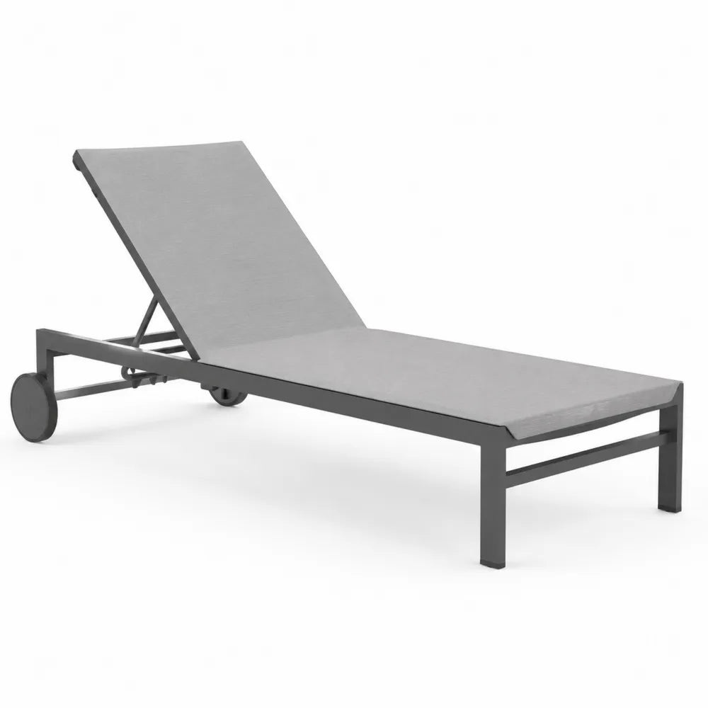 Bain de soleil réglable avec roues structure aluminium textilène gris dossier inclinable 200 cm x 65 cm x 35 cm