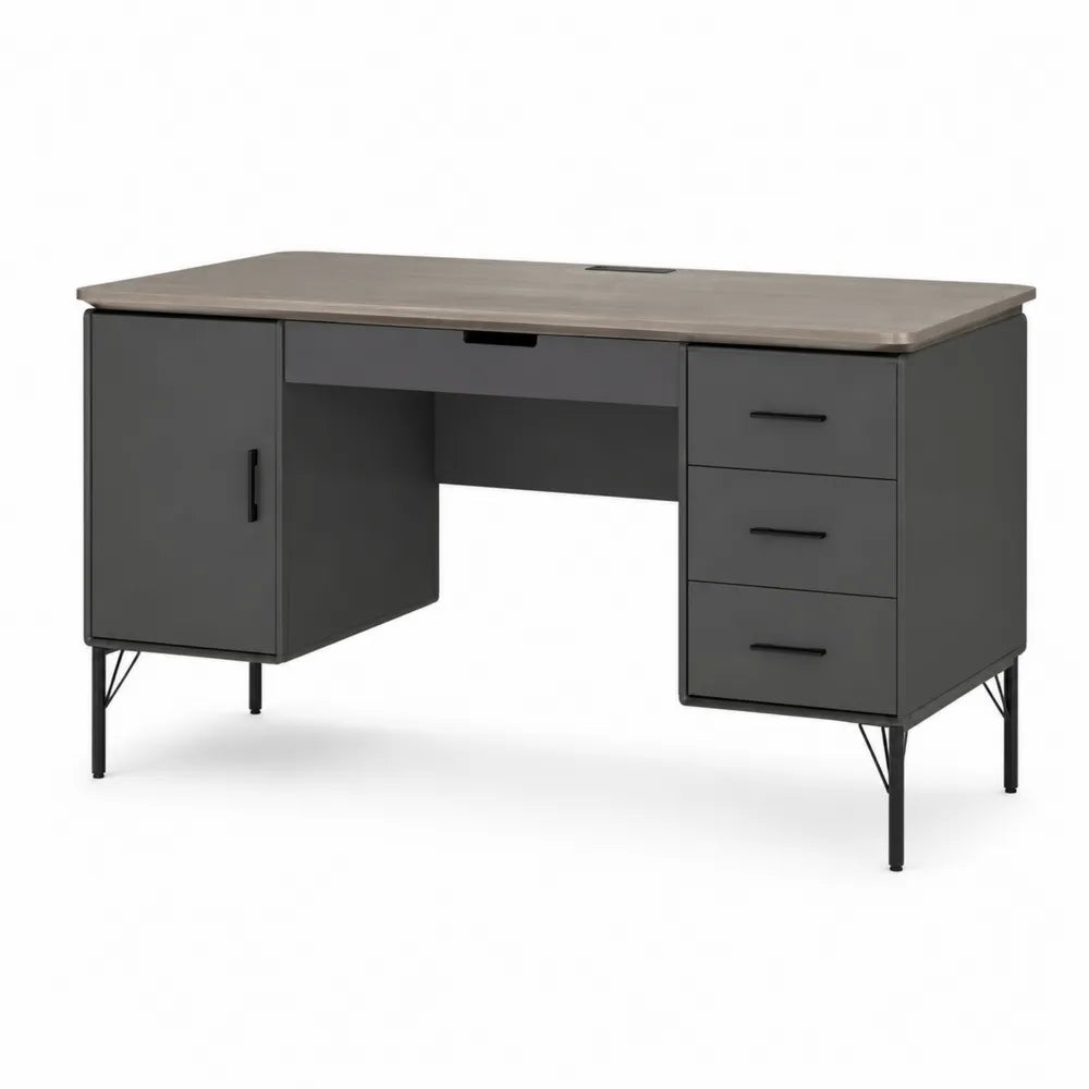 Bureau rectangulaire 140 cm 60 cm 75 cm plateau effet bois gris structure acier noir avec 3 tiroirs et armoire latérale