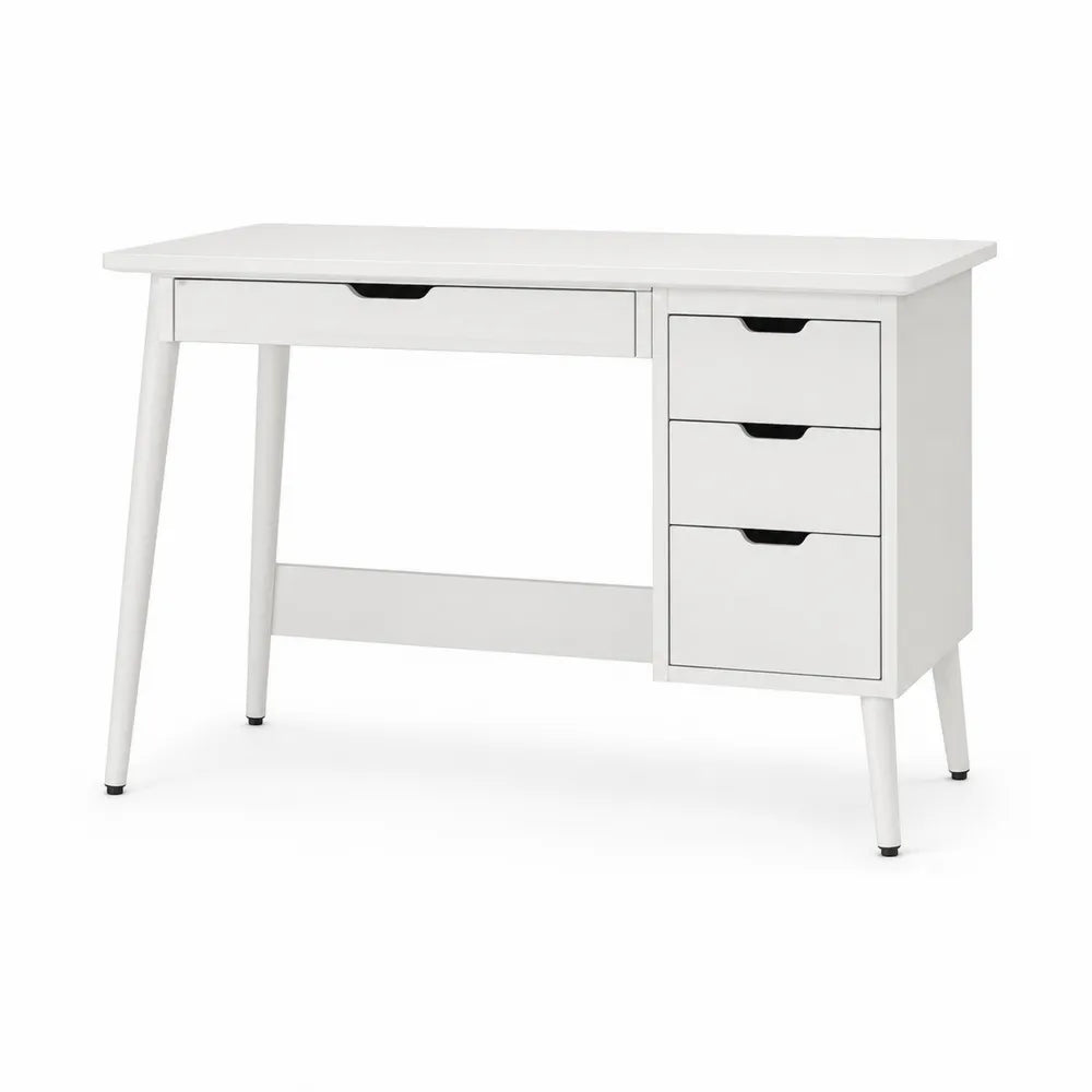 Bureau rectangulaire 120 x 60 x 75 cm avec caisson 3 tiroirs mélaminé blanc pieds en bois peint blanc et poignées noires
