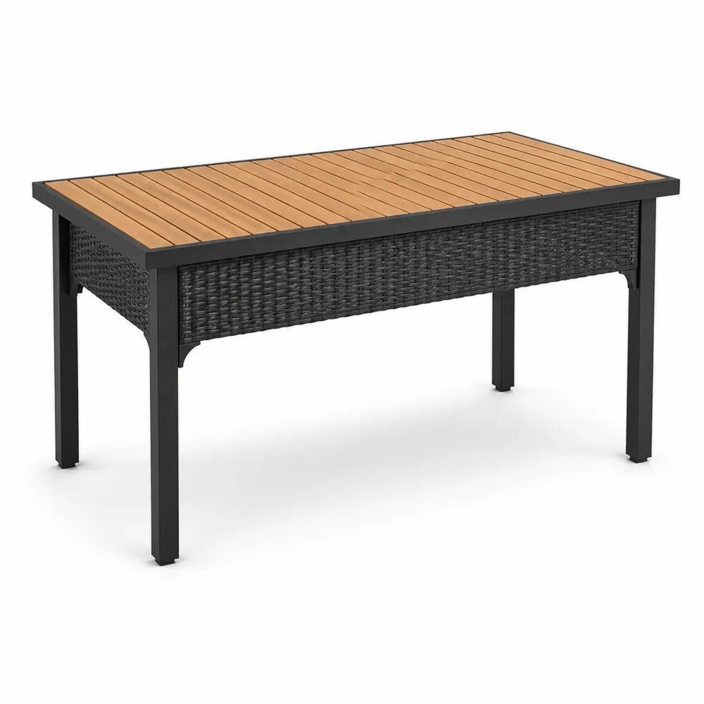 Table de jardin rectangulaire 160 cm x 90 cm x 75 cm plateau lattes bois acacia structure acier noir et résine tressée noire