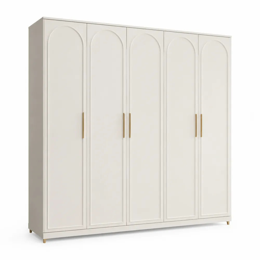armoire 250 x 58 x 220 cm MDF laqué beige crème 5 portes façades arquées poignées dorées forme rectangulaire