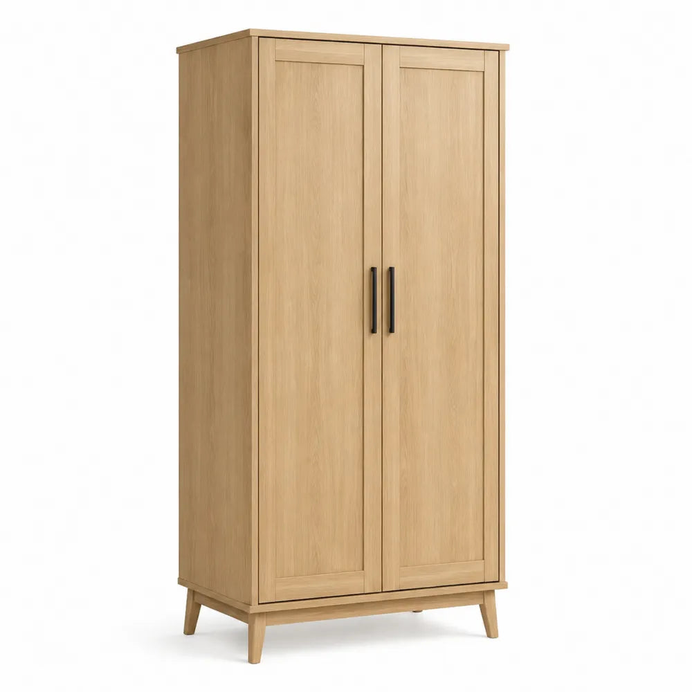 Armoire 2 portes 100 x 50 x 180 cm bois naturel MDF panneaux de particules poignées métal noir pieds bois massif forme rectangulaire