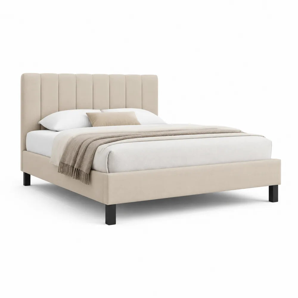 Lit cadre de lit 160 x 200 cm tissu polyester beige tête de lit capitonnée verticale structure panneaux de particules pieds acier noir