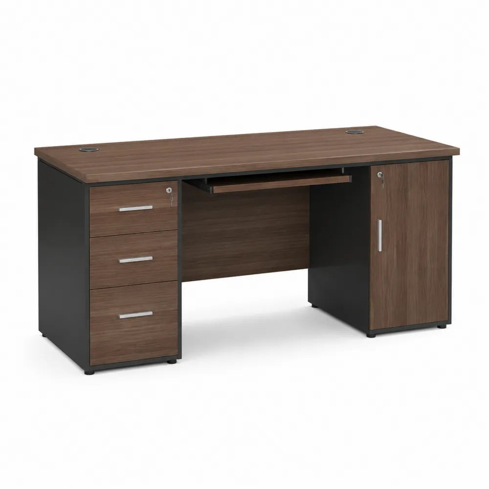 Bureau rectangulaire 140 cm 60 cm 75 cm plateau effet noyer structure acier noir avec 3 tiroirs et armoire latérale