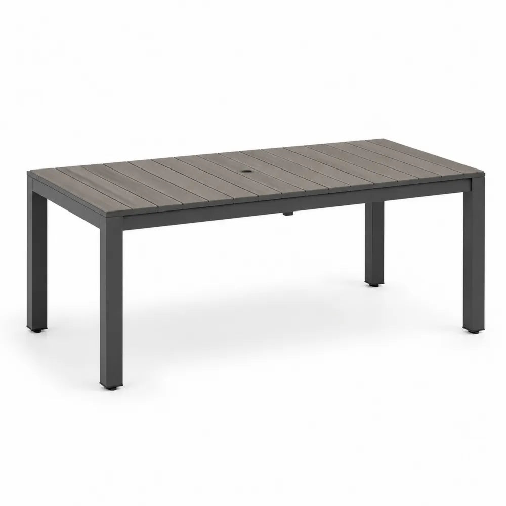 Table de jardin rectangulaire 160 x 90 x 75 cm structure aluminium thermolaqué gris anthracite plateau à lattes effet bois gris