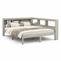 Lit avec rangement en L 160 x 200 cm bois MDF mélaminé effet chêne gris tête de lit étagères intégrées structure panneaux de particules