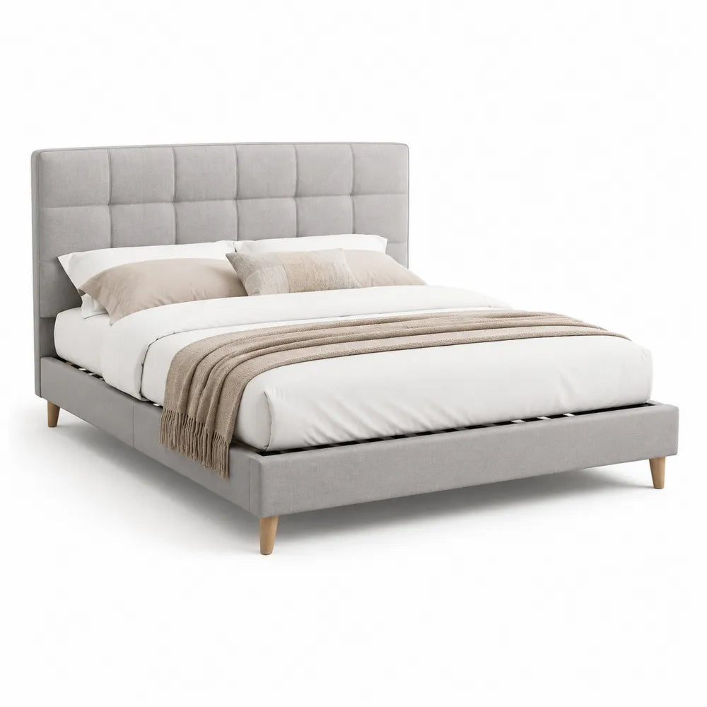 Lit cadre 160 x 200 cm tête de lit capitonnée carrés tissu polyester gris structure MDF et bois massif pieds bois forme rectangulaire