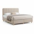 Lit rembourré 160 x 200 cm tissu polyester beige tête de lit capitonnée verticale cadre en bois sommier à lattes pieds bois massif