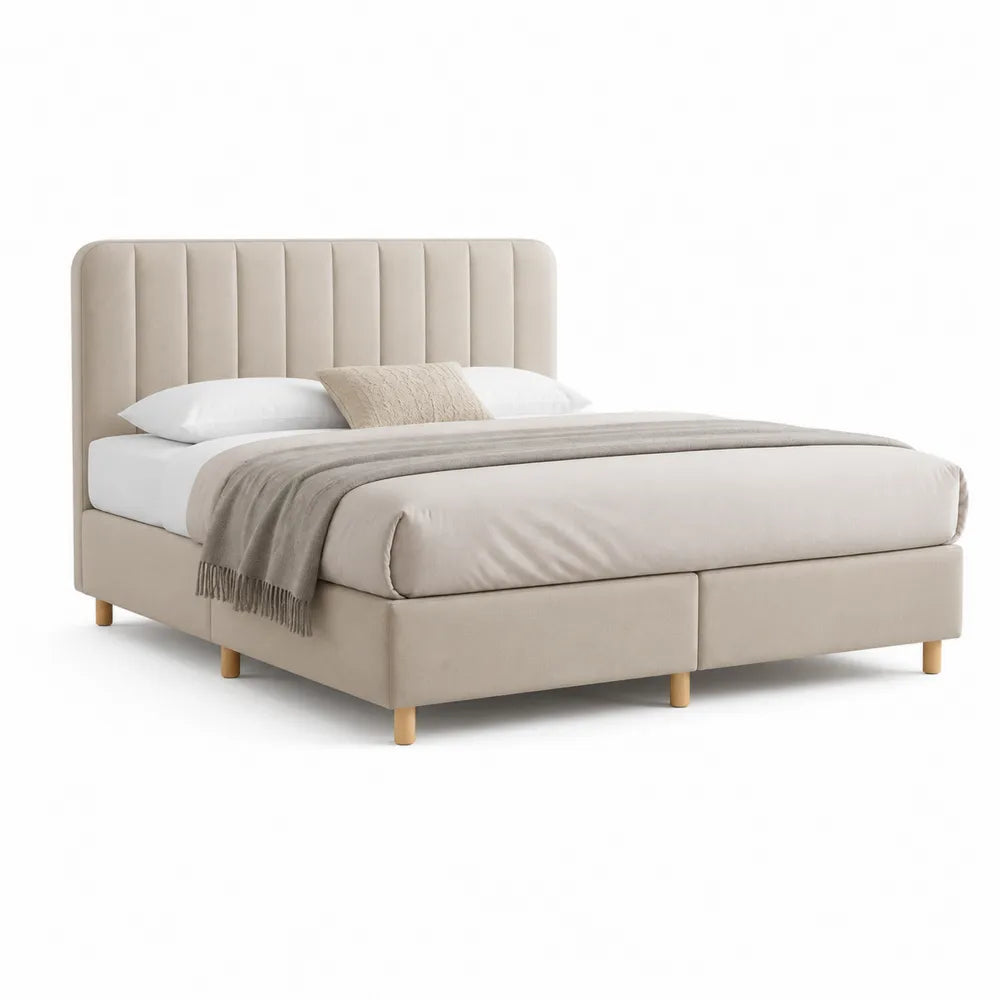 Lit rembourré 160 x 200 cm tissu polyester beige tête de lit capitonnée verticale cadre en bois sommier à lattes pieds bois massif