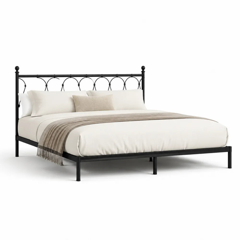 Lit cadre 160 x 200 cm en acier noir avec tête de lit décorative à arcs métalliques sommier à lattes forme rectangulaire