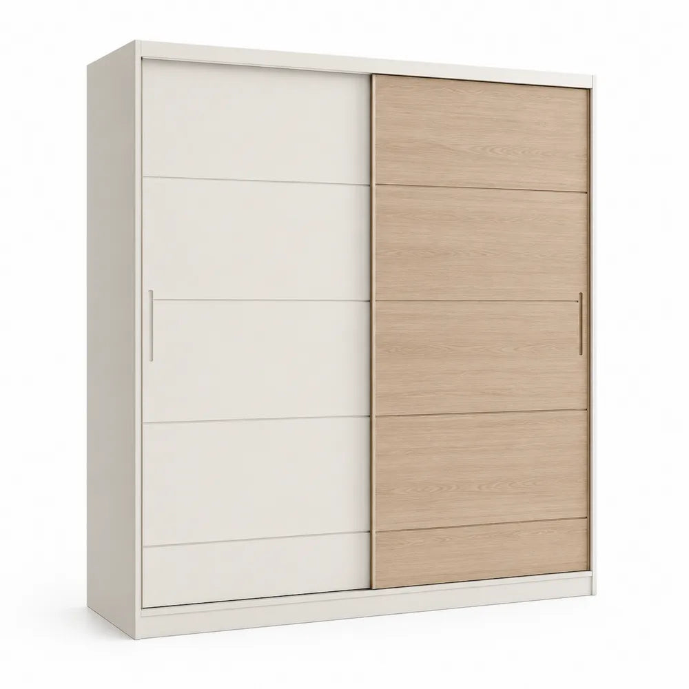armoire 200 x 200 x 60 cm MDF mélaminé blanc chêne clair portes coulissantes bicolores forme rectangulaire