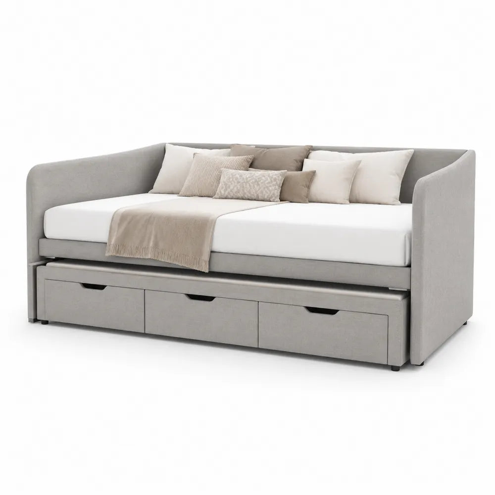 Lit 90 x 200 cm avec canapé intégré tissu polyester gris avec tiroirs de rangement structure bois et MDF cadre rectangulaire