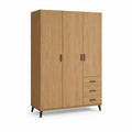 Armoire chambre 150 cm largeur 55 cm profondeur 190 cm hauteur trois portes trois tiroirs panneaux particules mélaminé effet chêne façade bois naturel poignées métal noir pieds acier noir