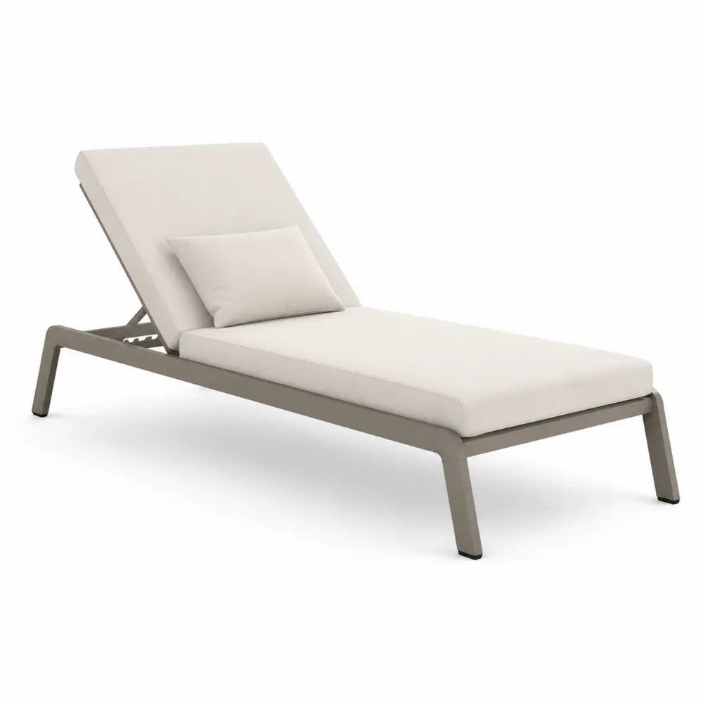 Bain de soleil inclinable 198 cm x 68 cm x 88 cm structure aluminium taupe coussin polyester beige avec coussin d’appui